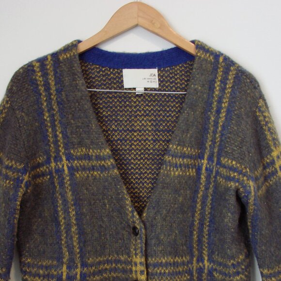 J.O.A. Los Angeles Gray Plaid Cardigan Sweater Wool Mohair Fuzzy Preppy Small - Picture 5 of 16